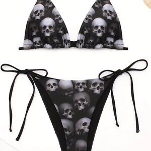 Spooky Glam Halloween Skull Print Bikini Set